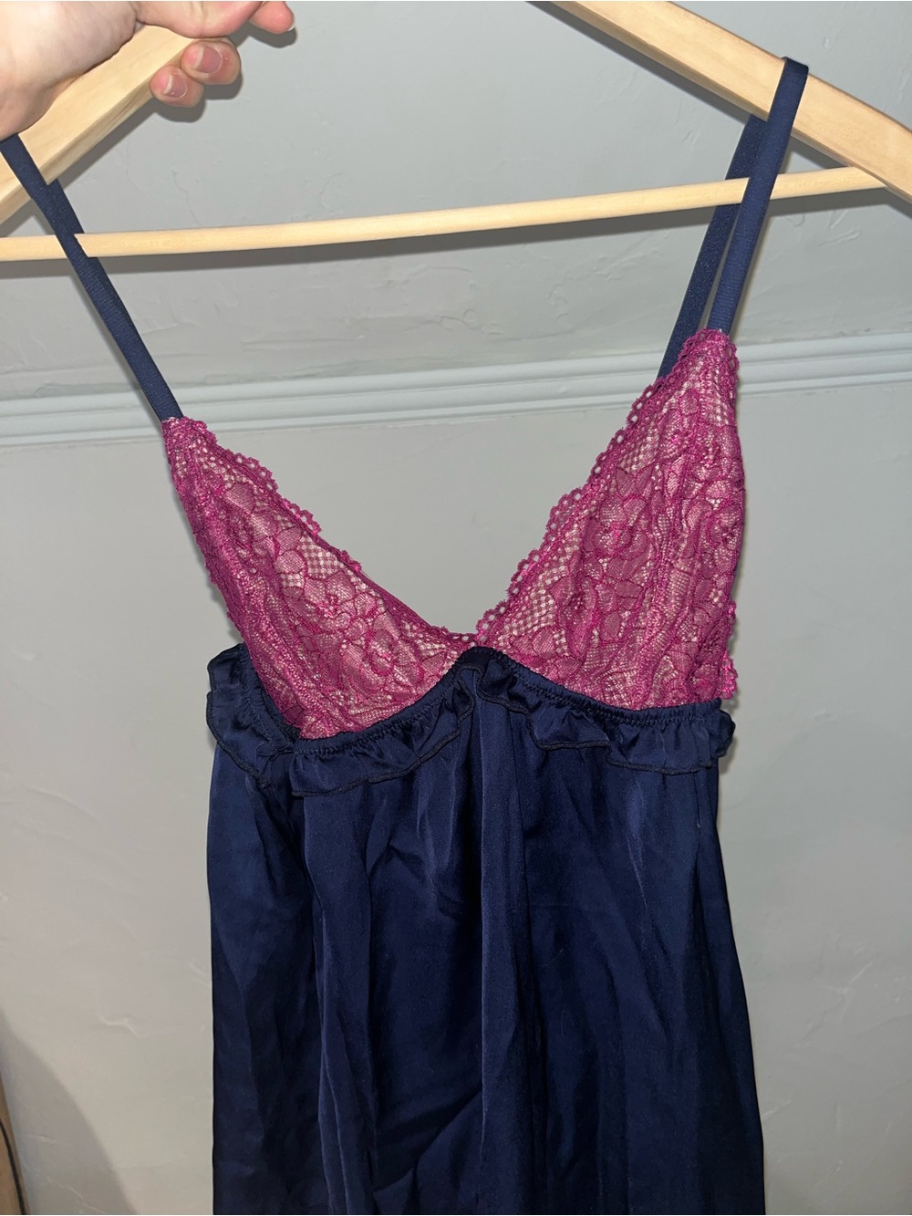 Anthropologie Navy & Fuchsia Lace Satin slip